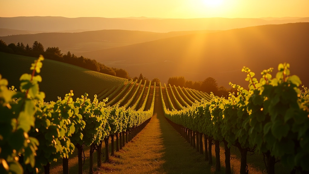 Přírodní krajina s vinicemi v zlatém slunečním světle, tradičními kamenými zídkami mezi vinicemi