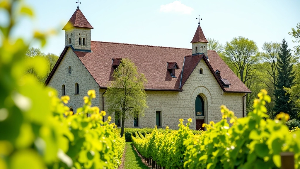 Kapička Svaté Barbory s tradičním kamenným zděním, vinice v pozadí, časné jaro s kvetoucími keři