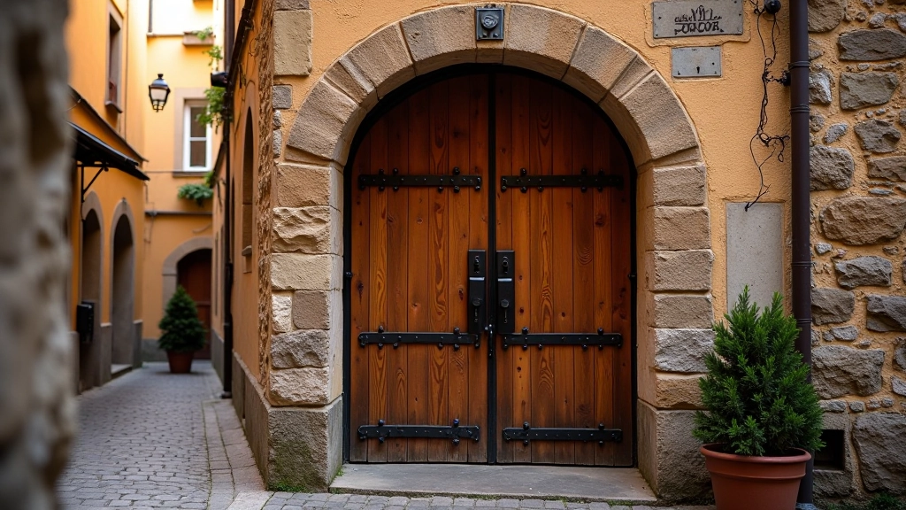 Historická dřevěná vrata se starým kováním vedoucí do vinného sklípku s architekturou z 18. století