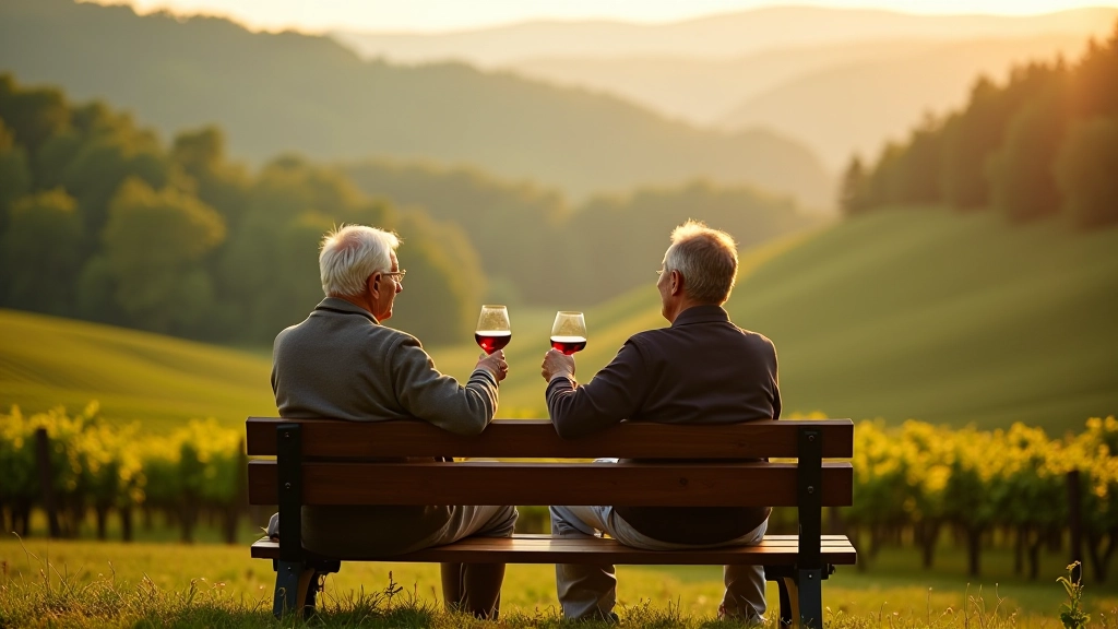 Seniořský pár sedí na lavičce se sklenicí vína, užívá si výhledu na údolí s vinicemi