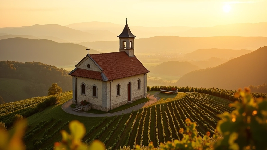 Kaple Svatého Michala na vrcholu kopce, tradiční architektura, okolní krajina s vinicemi, západ slunce