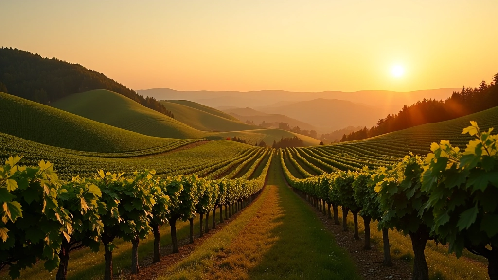 Krásná krajina s vinicemi v jižní Moravě, tradiční kamenné zídky mezi vinicemi, zlaté slunečné světlo